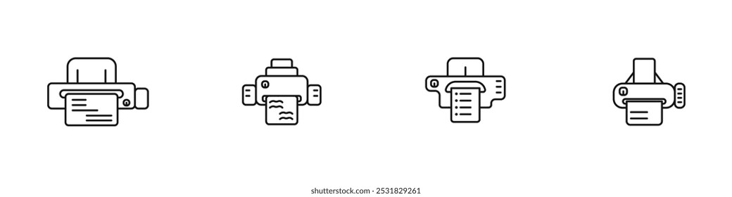 Conjunto de ícones de impressora de vetor. Contorno da impressora. Vetor de máquina de escrever linear. Impressora do Office. Imprimir o logotipo do ícone. Logotipo do fax. Ícone de suprimentos de escritório. Imprimindo documentos.