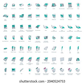 Set Of Vector Printing Icons. Brochure, Business Card, Flyer, Magazine, Postcard, Poster, Banner, Rollup, Sticker, Mug, Folder, Other Print Shop Products. Promotion Print Advertising Materials. 