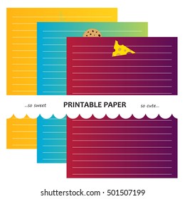 Set of vector printing paper notes. Cute paper page for notebook, diary, letters, school notes, workbook. Beautiful colored background, lined sheet
