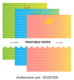 Set of vector printing paper notes. Cute paper page for notebook, diary, letters, school notes, workbook. Beautiful colored background, lined sheet