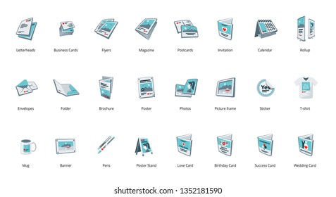 Set of vector printout icons. Brochure, business card, flyer, magazine, postcard, poster, banner, rollup, sticker, mug, folder, other printing shop products. Promotion print advertising materials. 