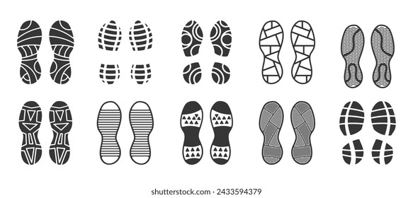 Set Of Vector Prints Featuring Shoe Soles, Footprints Black Silhouettes, Includes Foot, Shoe, Boot, Sneakers Imprints