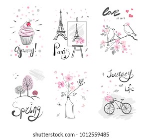 set vector prints - illustration. Sticker with eiffel tower, bird, hearts, tree, bicycle, spring flowers and cake. Cute Pink print. Lettering - Paris