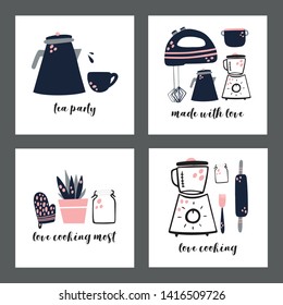 Set of vector prints with kitchen and cooking theme, tea pot, mixer, blender, kitchen gloves and cups.
