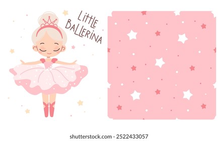 Um conjunto de impressões vetoriais para impressão em produtos infantis. Bonito bailarina menina dançando, pequena bailarina lettering, padrão vetor sem costura com estrelas no fundo rosa 