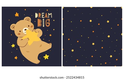 Un conjunto de impresiones de Vector para imprimir en productos para niños. Oso lindo que vuela en el espacio con la estrella, modelo inconsútil del Vector con las estrellas en fondo oscuro 