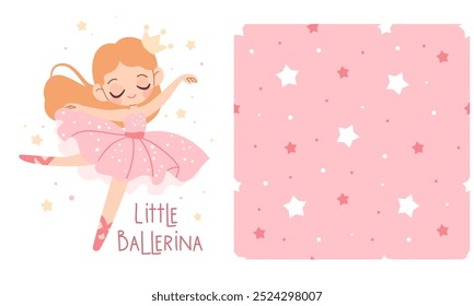 Um conjunto de impressões vetoriais para impressão em produtos infantis. Bonito bailarina menina dançando, pequena bailarina lettering, padrão vetor sem costura com estrelas no fundo rosa 