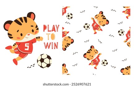 A set of vector prints for printing on children's products. Seamless vector pattern on white background on sports theme. Cute tiger playing soccer. Prints in children's style 