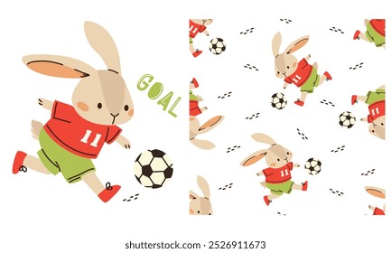 A set of vector prints for printing on children's products. Seamless vector pattern on white background on sports theme. Cute bunny playing soccer. Prints in children's style