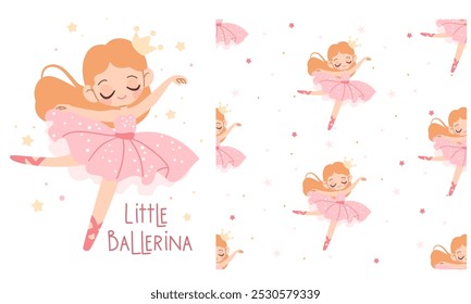 Un conjunto de impresiones de Vector para imprimir en productos para niños. Bailarina de niña linda bailarina, letras de bailarina pequeña, patrón de Vector sin costuras