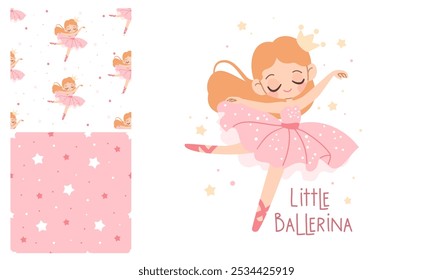 A set of vector prints for printing on children's products. Cute little girl ballerina dancing, little ballerina lettering, seamless vector pattern 