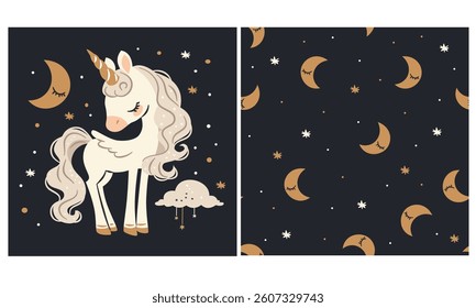 A set of vector prints for printing on children's products. Cute unicorn with stars and moon, dark background. Seamless vector pattern 