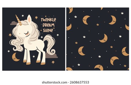 A set of vector prints for printing on children's products. Cute unicorn with stars and moon, dark background. Seamless vector pattern 