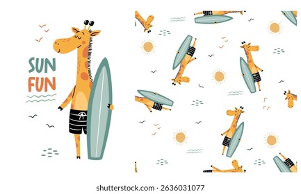 Set of vector prints for printing on children's products. Cute giraffe holding a surfboard, caption. Seamless vector pattern