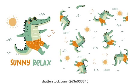 Set of vector prints for printing on children's products. Cute crocodile in swim trunks and sunglasses, caption. Seamless vector pattern