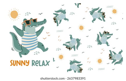 Set of vector prints for printing on children's products. Cute crocodile in swim trunks and sunglasses, caption. Seamless vector pattern
