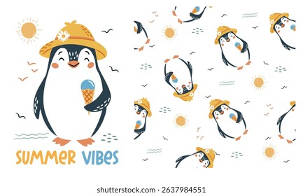 Set of vector prints for printing on children's products. Cute penguin in sun hat holding an ice cream cone, caption. Seamless vector pattern