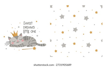A set of vector prints for printing on children's products. A cute striped kitten sleeps in a crown next to a magic wand. Seamless vector pattern with stars.