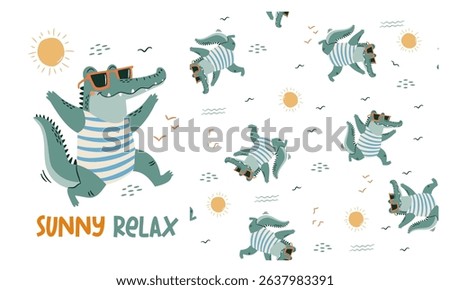 Set of vector prints for printing on children's products. Cute crocodile in swim trunks and sunglasses, caption. Seamless vector pattern