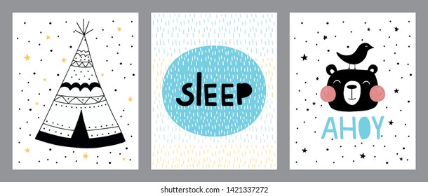 Set of vector prints in Scandinavian style, childish lettering.Vector illustrations for invitations, greeting cards, posters