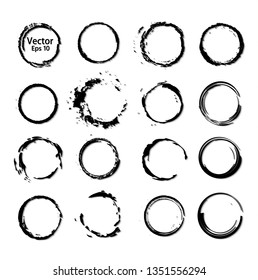 
A set of vector processed ink, black tassels to create closed round-shaped frames. A collection of monochrome textured grunge painted round rings. To create frames, borders, dividers, banners