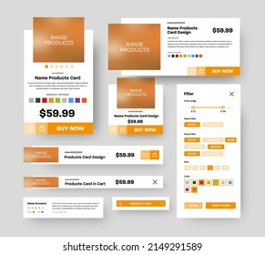 Set of vector product UI cards with square elements for photos and orange mobile app store buttons. Design templates for shopping carts, filters, search strings with product descriptions