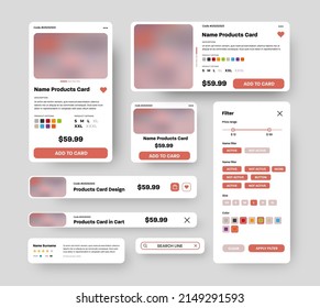 Conjunto de tarjetas de interfaz de usuario de producto vectorial con esquinas redondeadas y botones rojos para tiendas de aplicaciones móviles. Diseñar plantillas para carritos de compras, filtros, cadenas de búsqueda con descripciones de productos