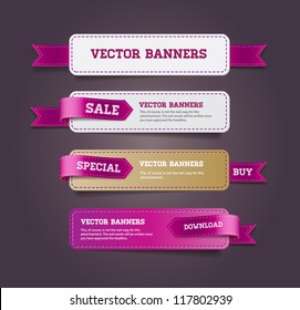 A set of vector promo banners decorated with purple ribbon tags