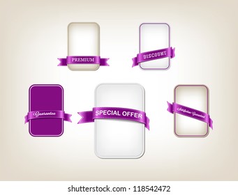 A set of vector promo banners decorated with purple ribbon tags