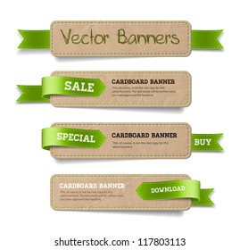 A set of vector promo cardboard paper banners decorated with green ribbon tags