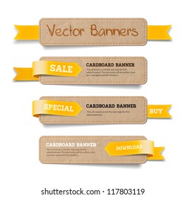 A set of vector promo cardboard paper banners decorated with yellow ribbon tags