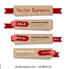 A set of vector promo cardboard paper banners decorated with red ribbon tags