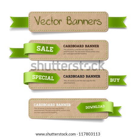 A set of vector promo cardboard paper banners decorated with green ribbon tags