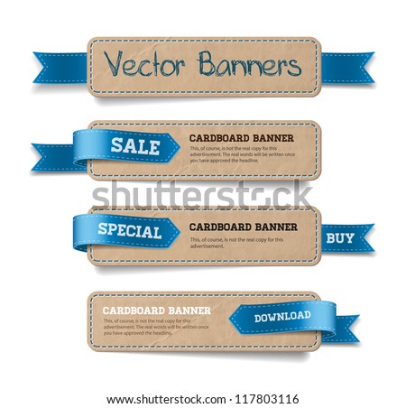 A set of vector promo cardboard paper banners decorated with blue ribbon tags