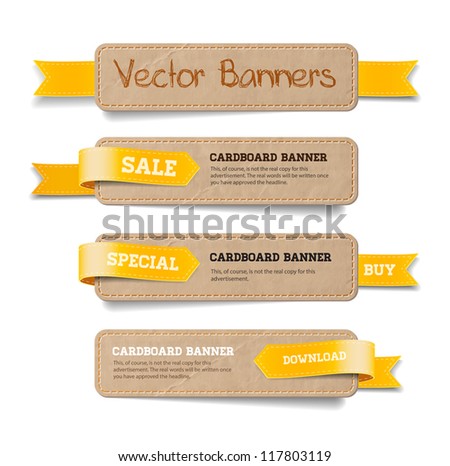 A set of vector promo cardboard paper banners decorated with yellow ribbon tags