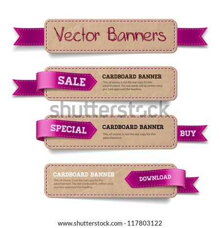 A set of vector promo cardboard paper banners decorated with purple ribbon tags