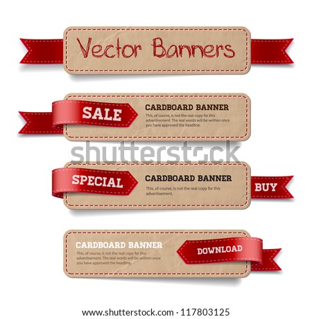 A set of vector promo cardboard paper banners decorated with red ribbon tags