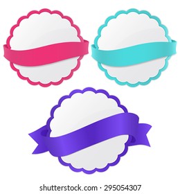 A set of vector promo circle banners decorated with ribbons. Color vector labels.