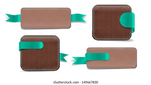 Conjunto de banners de cuero de promoción vectorial decorados. Carteras y tabletas.