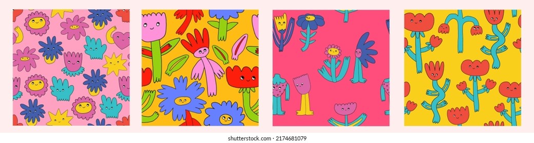 set of vector psychedelic seamless patterns with hippie flowers.1970 good vibes and daisy flower characters.Funky and groovy floral ornament collection.Vibrant square textile with flowers dudes