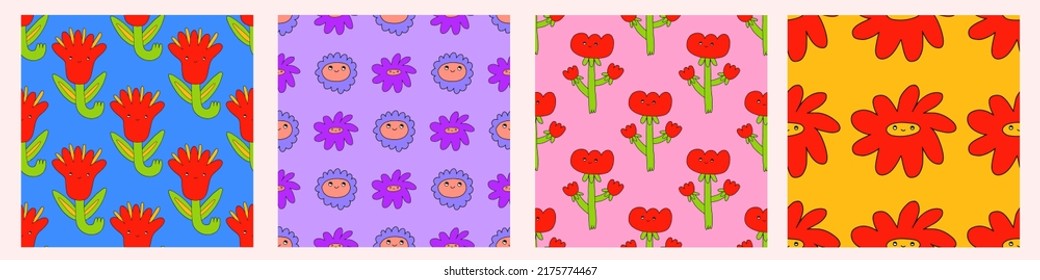 set of vector psychedelic seamless patterns with hippie flowers.1970 good vibes and daisy flower characters.Funky and groovy floral ornament collection.Vibrant square textile with flowers dudes