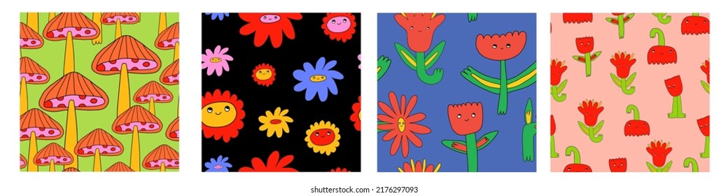 set of vector psychedelic seamless patterns with hippie flowers.1970 good vibes and daisy flower characters.Funky and groovy floral ornament collection.Vibrant square textile with flowers dudes