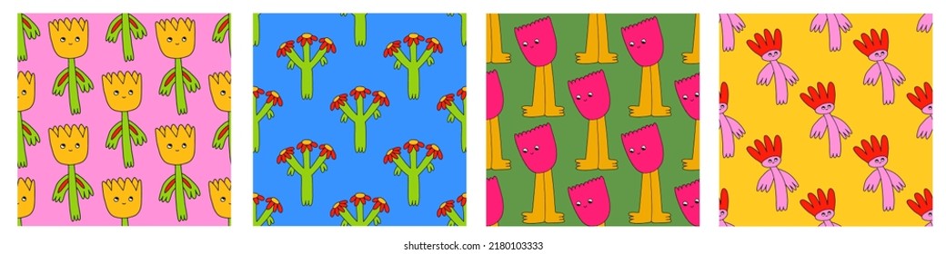 set of vector psychedelic seamless patterns with hippie flowers.1970 good vibes and daisy flower characters.Funky and groovy floral ornament collection.Vibrant square textile with flowers dudes
