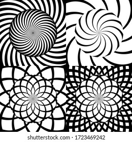 Set of vector psychedelic spiral patterns. Black and white abstract volute concentric lines wallpaper texture. Vertigo geometric illusion, swirl hypnotic stripes circle shape round background