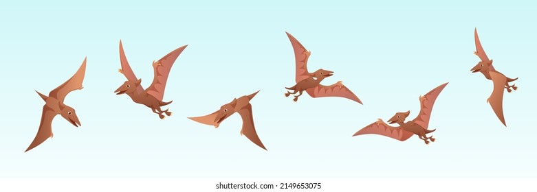 A set of vector Pterodactyls in brown .Six Jurassic animals in different poses in flight.Vector cartoon illustration