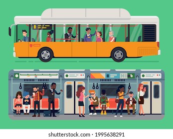 Set Of Vector Public Transit Service Design Elements With City Bus With Driver And Passengers And Subway Or Underground Train Car Interior With Commuters