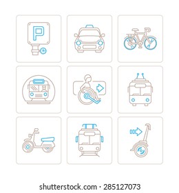 Set of vector public transport icons and concepts in mono thin line style