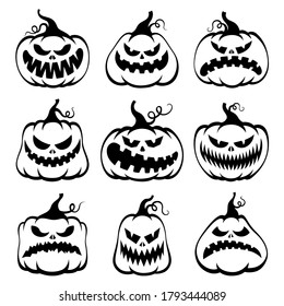 Conjunto de calabazas vectoriales para Halloween. Siluetas negras al estilo de las caricaturas. Símbolos de las vacaciones de otoño. Colección para el diseño de tarjetas, invitaciones a fiestas, afiches. Aislado sobre fondo blanco.