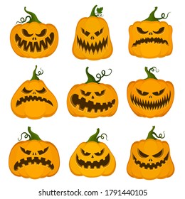 Set of vector pumpkins for Halloween. Cartoon style. Autumn holiday symbols. Collection of decorative vegetables for the design of postcards, party invitations, posters. Isolated on white background.