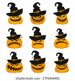 Set of vector pumpkins in Halloween hats with spiders. Cartoon style. Symbols of the autumn holiday. Collection for design postcards, party invitations, posters. Isolated over white background.